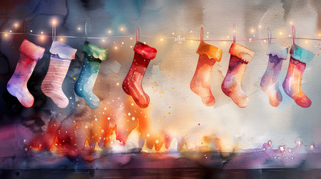 A vibrant watercolor artwork featuring a line of colorful Christmas stockings hanging from a string of festive lights.の素材