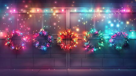 A festive display of illuminated Christmas wreaths adorned with multicolored lights, hanging against a modern backdrop.の素材