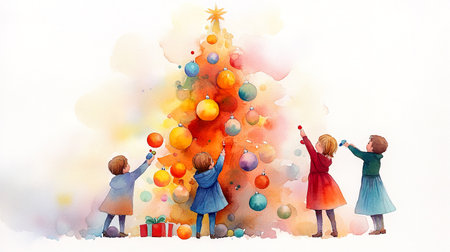 Children joyfully decorating colorful Christmas tree with ornaments, creating festive and heartwarming holiday scene.の素材