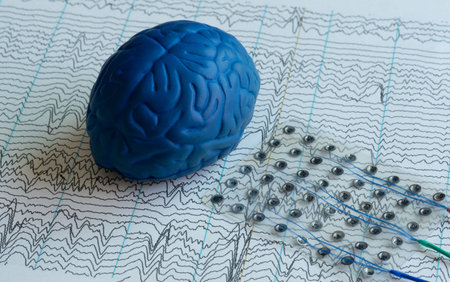 Human brain model and subdural electrode recording brain waves on from electroencephalography