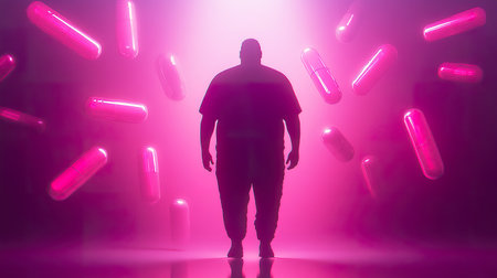 silhouette of person stands surrounded by floating pink capsules, creating surreal and futuristic atmosphere. vibrant pink light adds sense of mystery and intrigue.の素材