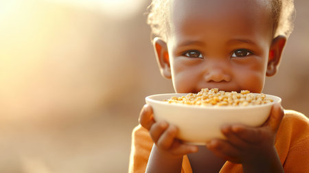 young child joyfully holds bowl of food, basking in warm sunlight. scene captures moment of innocence and contentment, highlighting importance of nourishment and care.の素材