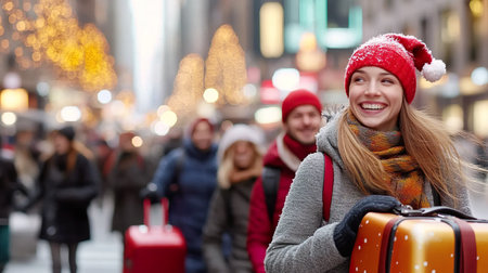 Joyful woman in festive red hat carries suitcase through bustling city street adorned with holiday lights, surrounded by other cheerful travelers.の素材