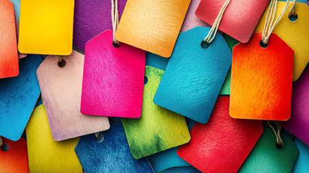 Colorful tags in various shades create vibrant and lively background, perfect for showcasing creativity and organization. These tags can be used for labeling, crafting, or decoration.の素材