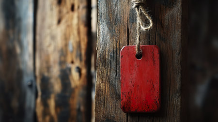 weathered red tag hangs from rustic wooden surface, evoking sense of nostalgia and simplicity. rough texture of wood contrasts with vibrant color of tag.の素材
