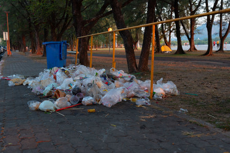 A pile of plastic waste and garbage scattered near a blue bin on a park pathway, highlighting the aftermath of a celebration event. The scene reflects environmental neglect amidst a natural setting.の写真素材