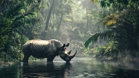 A rhinoceros drinks water in misty tropical rainforest surrounded by lush greeneryの素材