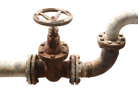 old rusty industrial pipe tap water isolated on white backgroundの写真素材