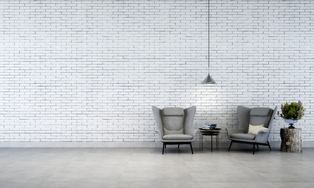 white brick wall living roomの写真素材