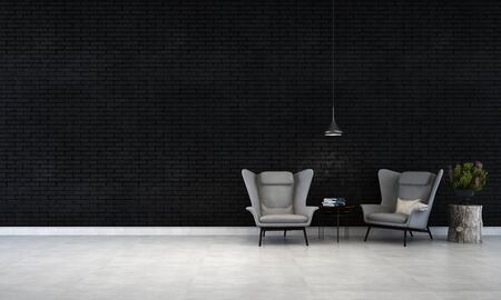 black brick wall living roomの写真素材