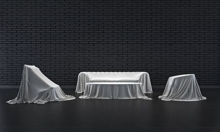 3D render living room and black brick wallの写真素材