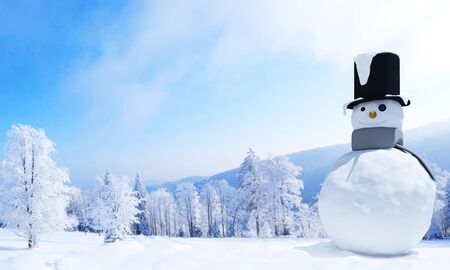Merry Christmas and snowman in winterの写真素材