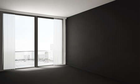 The interior design of empty modern living room and lounge space hall area and black concrete wall...