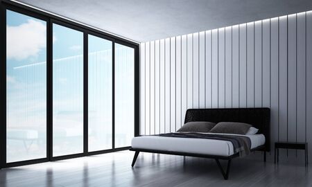 3D rendering interior of bedroom and white wood wall and sea viewの写真素材