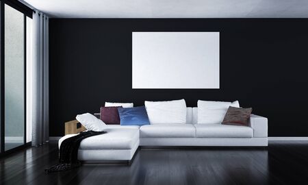 Modern living room and lounge sofa and sea viewの写真素材
