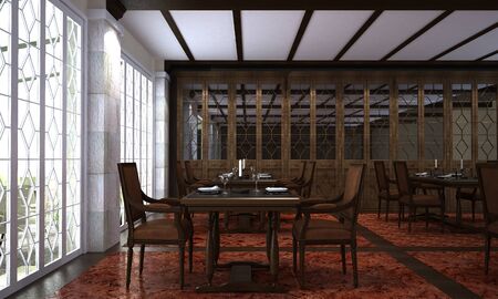 3D rendering interior design of modern loft dining room and wooden table and chairs in restaurantの写真素材