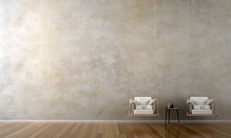 The interior design of living room and wooden swing chairs and texture wallの写真素材
