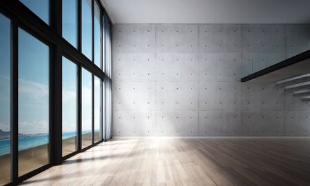 3D rendering interior design of living room and concrete wall and sea viewの写真素材