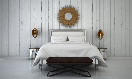 The minimal luxury villa white bedroom interior design and wood wall background and side table / 3D rendering new scene interior designの写真素材