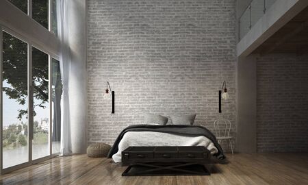 The interior design of modern bedroom and brick wall texture / 3D rendering new scene new designの写真素材