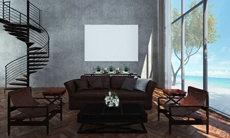 The interior design of lounge and living room modern loft style and sea viewの写真素材