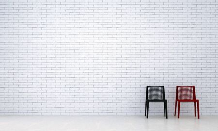 Wood stoolchair and white brick texture wall backgroundの写真素材