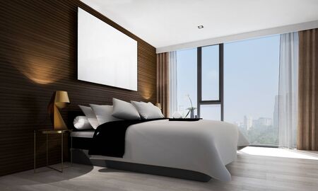 The  bedroom interior design and wood wall pattern texture background and picture frameの写真素材