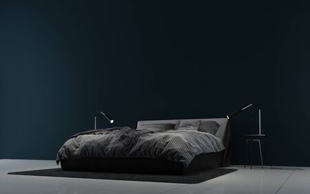 interior design of modern bedroom and black texture wall backgroundの写真素材