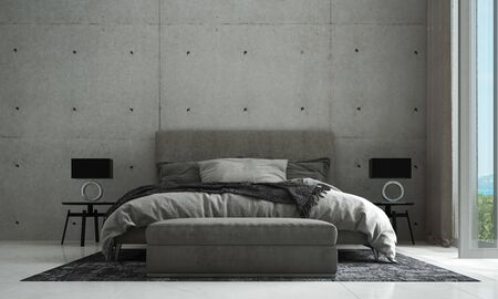 3D rendering interior design of minimal bedroom and concrete wall texture backgroundの写真素材