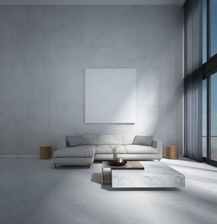 The minimal lounge and double space living room interior design and concrete wall backgroundの写真素材