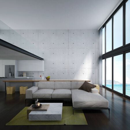 The lounge and double space living room and dining table and pantry interior design and concrete wall backgroundの写真素材