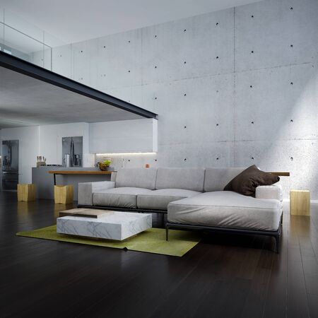 The lounge and double space living room and kitchen and pantry interior design and concrete wall backgroundの写真素材