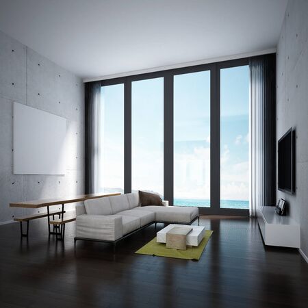 The lounge and double space living room and dining interior design and concrete wall backgroundの写真素材