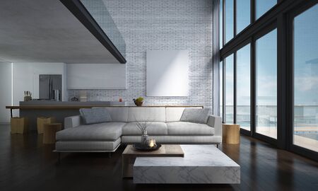 The lounge and double space living room and kitchen and pantry interior design and brick wall backgroundの写真素材