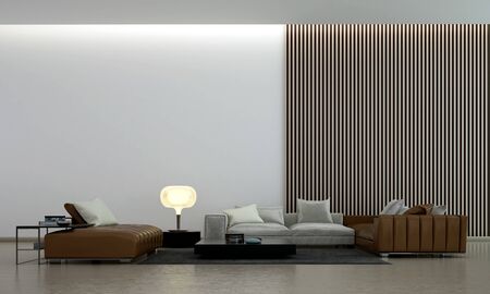 Modern cozy living room interior design and wood wall backgroundの写真素材