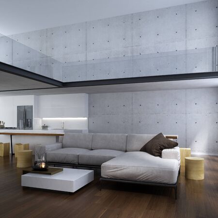 The lounge and double space living room and kitchen interior design and concrete wall background / New 3D rendering interior design sceneの写真素材