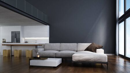 The modern lounge and double space living room and kitchen interior design and blue concrete wall background / New 3D rendering interior design sceneの写真素材