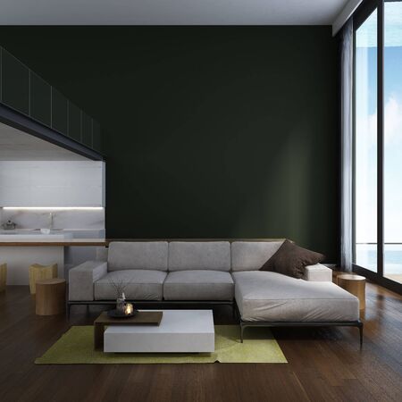 The lounge and double space living room and kitchen interior design and black wall backgrounの写真素材