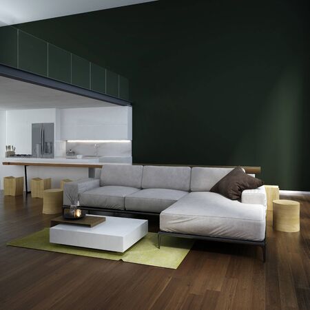 The modern tropical lounge and double space living room and kitchen interior design and concrete wall backgrounの写真素材