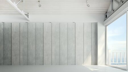 The modern loft living room interior design and sea viewの写真素材