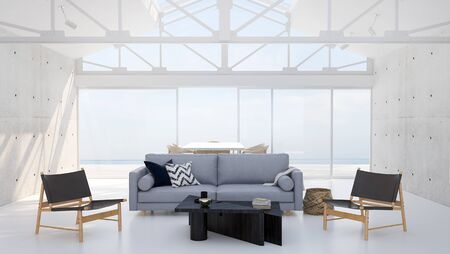 The modern loft living room interior design and window wall pattern background and sea viewの写真素材