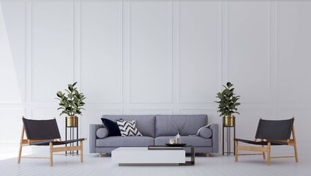 The cozy living room interior design and white classic wall pattern background