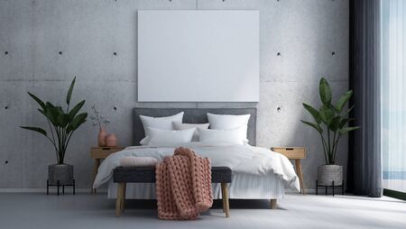 Modern cozy bedroom interior design and concrete wall backgroundの写真素材
