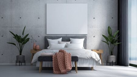 Modern cozy bedroom interior design and concrete wall background