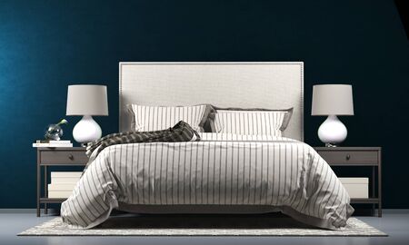 Modern loft bedroom interior design and blue wall backgroundの写真素材