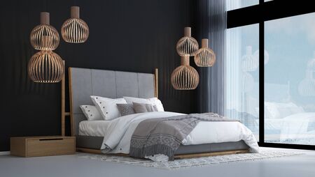 The interior design of modern tropical bedroom and black wall texture background and sea viewの写真素材