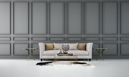 The interior design of minimal lounge and living room and black panel wall wall backgroundの写真素材
