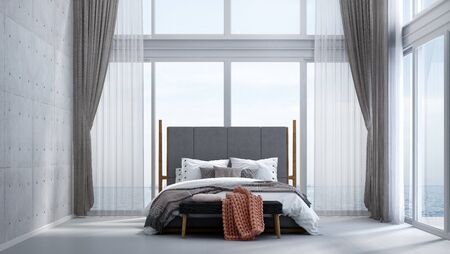 Modern interior design of double space bedroom and concrete wall and sea view background