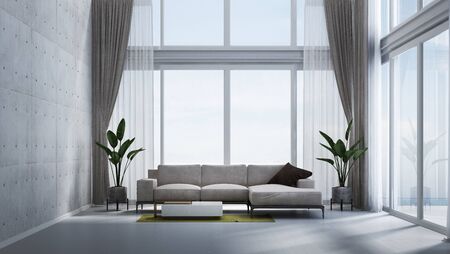 The tropical interior design of double space living room and concrete wall and sea view backgroundの写真素材