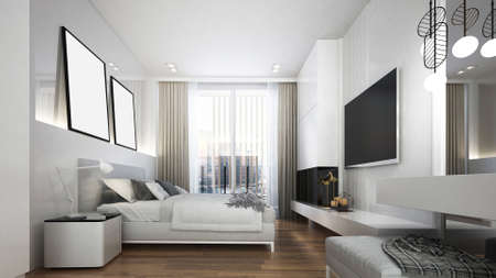 Modern cozy white bedroom interior design/3d render